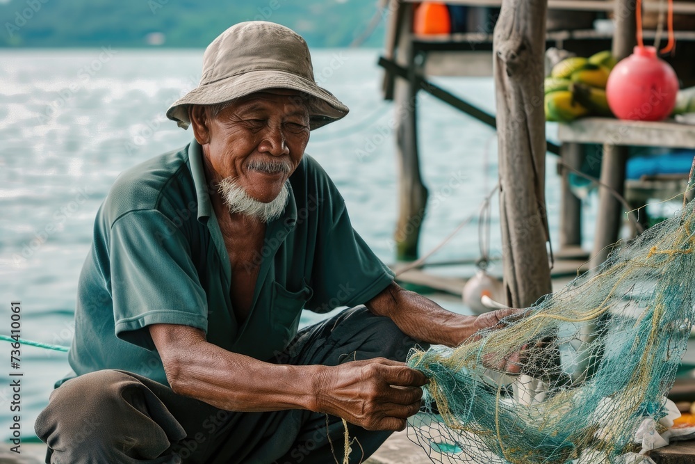 A man is seen sitting on a wooden dock, next to a fishing net, as he takes a break from fishing, An old fisherman repairing his net on the dock, AI Generated A man is seen sitting on a wooden dock, next to a fishing net, as he takes a break from fishing, An old fisherman repairing his net on the dock, AI Generated