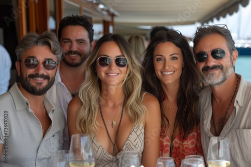 A joyful group of friends captured in a moment of celebration, their faces adorned with smiles and sunglasses, as they raise their wine glasses in friendship at an indoor wedding