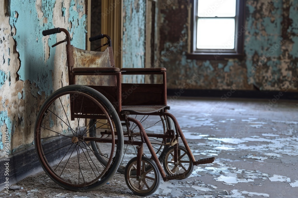 An abandoned old wheelchair sits in a room with peeling paint, showcasing the passage of time and neglect, An old rusty wheelchair in an abandoned hospital, AI Generated