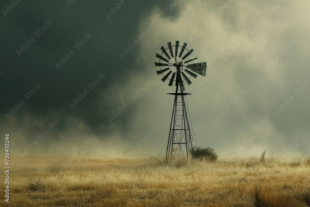 A windmill, with its sails turning, stands prominently in the center of a lush green field, An old windmill standing boldly against gusty winds, AI Generated