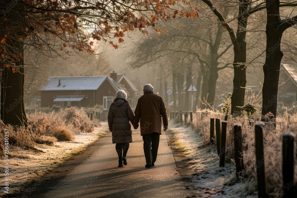 A man and woman are walking side by side on a path in a lush green forest, An older couple taking a brisk morning walk, AI Generated