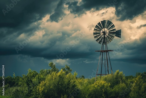 A windmill stands tall in the middle of a vast field, set against a cloudy sky, An old windmill standing boldly against gusty winds, AI Generated