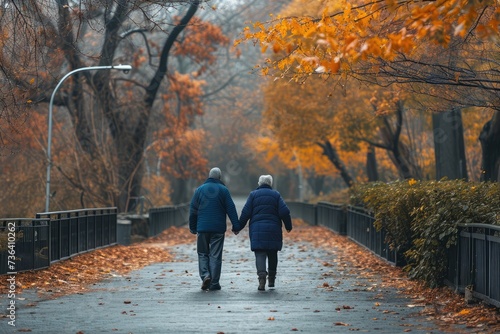 Two individuals are seen walking down a path in the forest while holding hands, An older couple taking a brisk morning walk, AI Generated