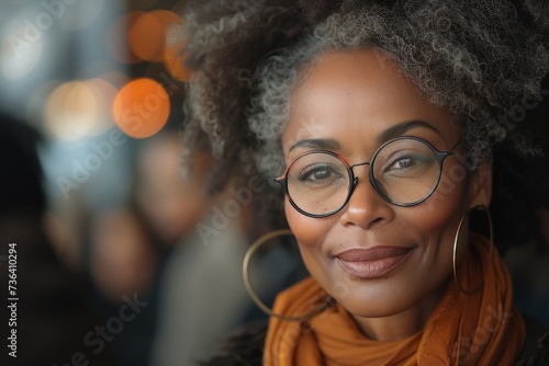 A fashionable woman with a bright smile and jheri curl, wearing glasses and a scarf, poses indoors for a striking portrait highlighting her unique sense of style photo