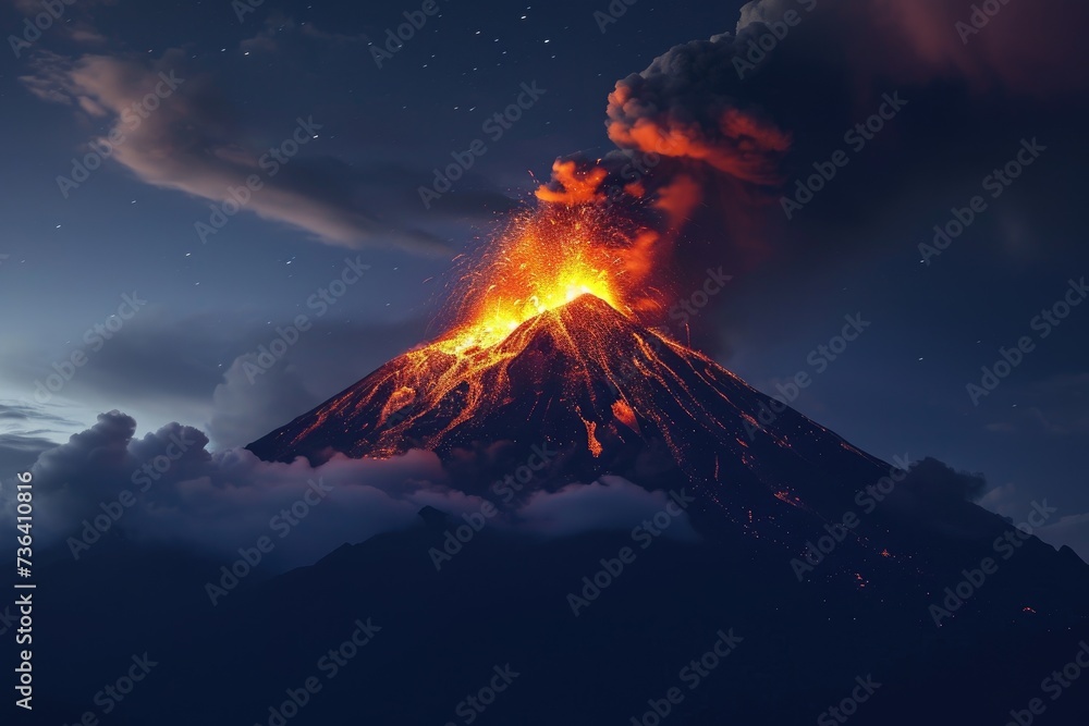 A powerful volcano violently erupts, spewing molten lava into the dark night sky, An ominous volcano erupting at night, AI Generated