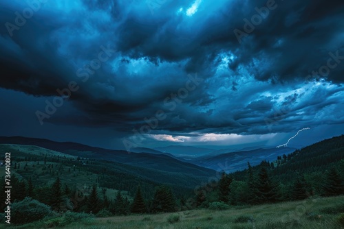 Dark clouds loom as a powerful storm advances over the rugged peaks of the majestic mountain range, An ominous thunderstorm rolling across the mountains, AI Generated © Iftikhar alam