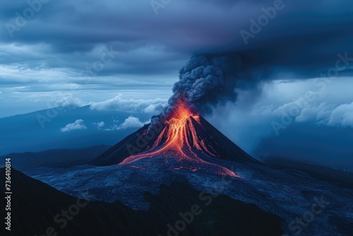 A powerful volcano violently erupting, sending streams of molten lava high into the atmosphere, An ominous volcano erupting at night, AI Generated