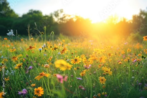 A vibrant field covered in a sea of yellow and purple flowers stretching as far as the eye can see, An open field lit by the golden sun with vibrant wildflowers in full bloom, AI Generated