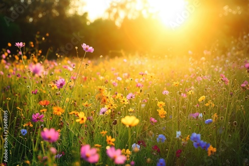 A field filled with vibrant flowers under the golden sunlight, An open field lit by the golden sun with vibrant wildflowers in full bloom, AI Generated