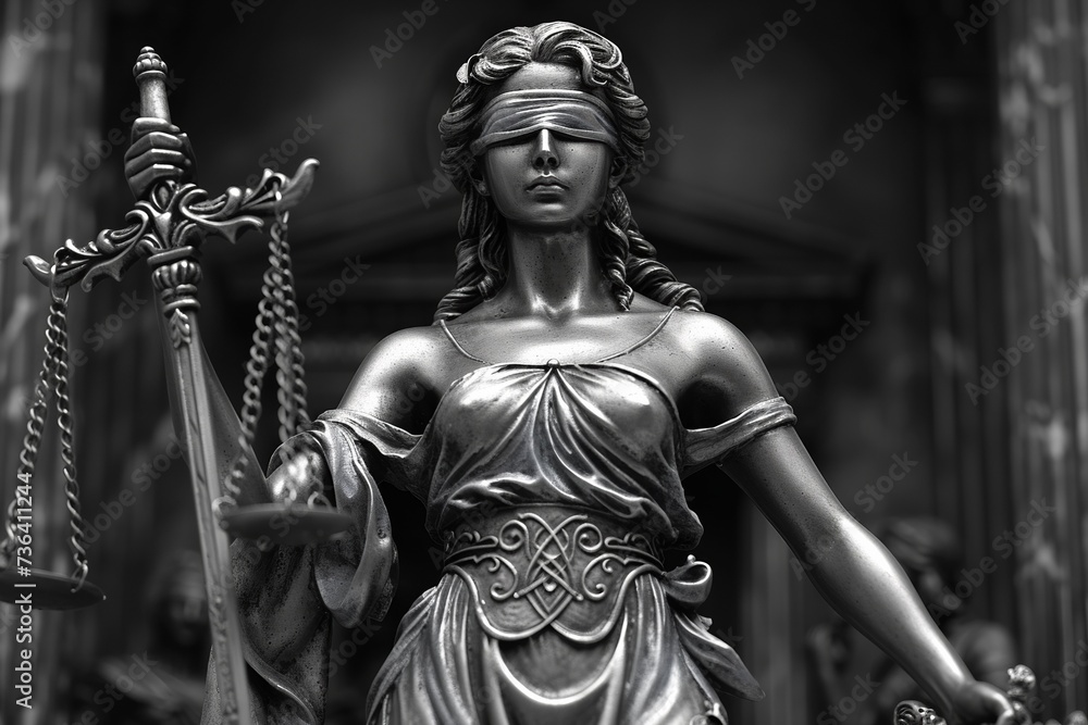 In the realm of law, a statue of Lady Justice embodies judicial symbols, scales, and authority.