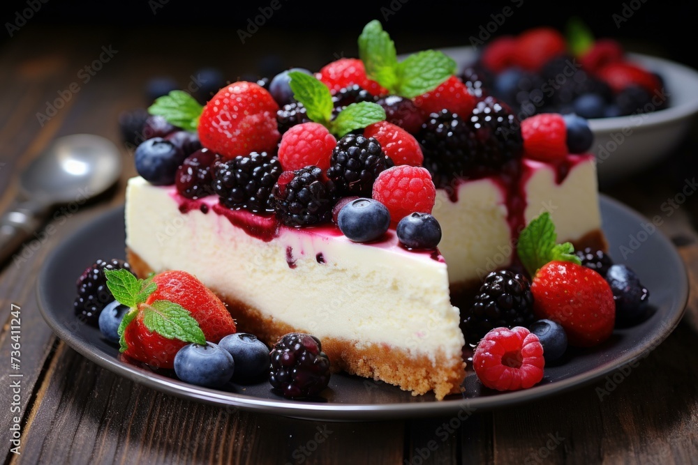 Piece cheesecake berry. Vanilla creamy dish. Generate Ai Piece cheesecake berry. Vanilla creamy dish. Generate Ai