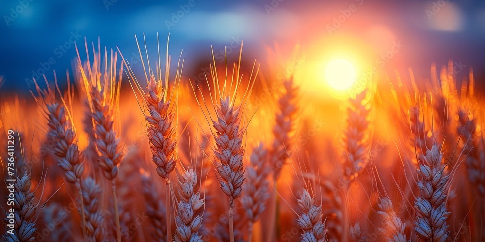 Amid the rural landscape, a bountiful harvest unfolds in a golden wheat field at sunset.