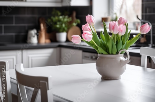 white tablecloth on black floor in kitchen with pink tulips on table