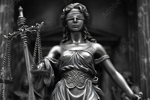 In the realm of law, a statue of Lady Justice embodies judicial symbols, scales, and authority.