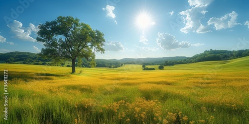 A tranquil rural landscape  with a green meadow  blue sky  and sun  captures the serene beauty of nature.