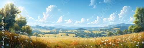 In the countryside, a pastoral scene unfolds with meadows, hills, and a tranquil rural landscape under a vast blue sky.