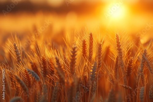 Golden sunset over a rural wheat field  nature s beauty in agricultural landscape.