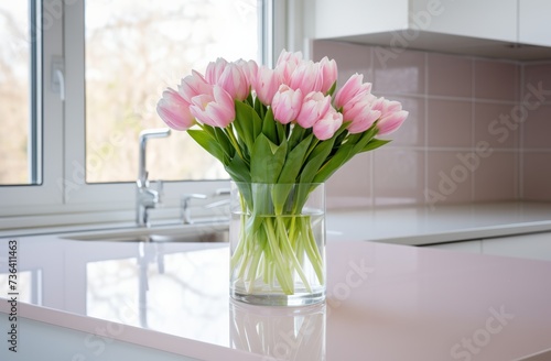 Pink tulips arranged in a glass vase, adorning a kitchen counter.