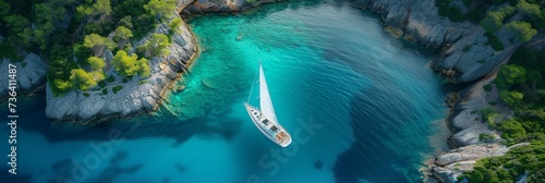 In the soothing ambiance of a summer paradise, a sailboat glides through turquoise waters.
