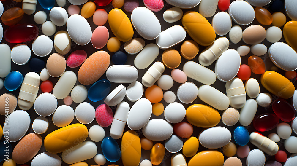A Pile of different pill textures, Diverse Collection of Capsules and Tablets A Pile of different pill textures, Diverse Collection of Capsules and Tablets