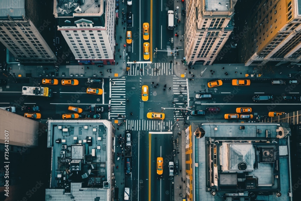 An overhead perspective of a bustling city street with multiple yellow taxis in motion, An overhead view of an electric taxi in a busy city, AI Generated An overhead perspective of a bustling city street with multiple yellow taxis in motion, An overhead view of an electric taxi in a busy city, AI Generated