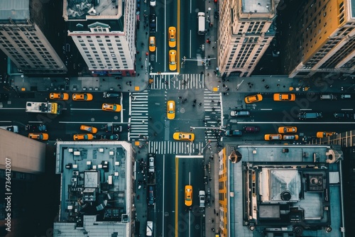 An overhead perspective of a bustling city street with multiple yellow taxis in motion, An overhead view of an electric taxi in a busy city, AI Generated photo