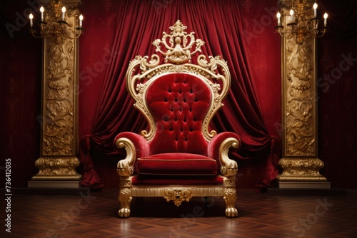 Throne Room with Gold royal chair, Luxury royal throne with red velvet curtain. 3d render, Ai generated