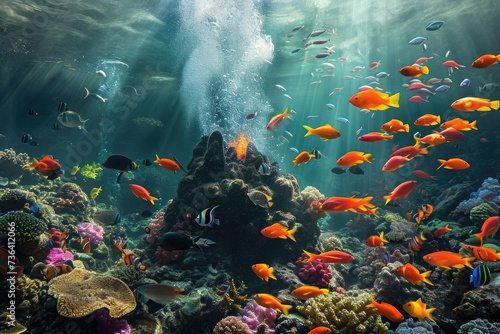 A vibrant scene showcasing a multitude of fish swimming in unison over a stunning coral reef, An undersea volcanic eruption surrounded by a wide variety of curious fish, AI Generated
