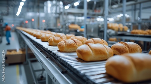 Fresh bread loaves produced by an automated bakery traveling over a conveyor belt in a factory, Generative AI.
