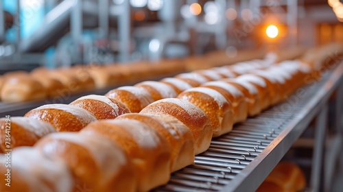Fresh bread loaves produced by an automated bakery traveling over a conveyor belt in a factory, Generative AI. photo