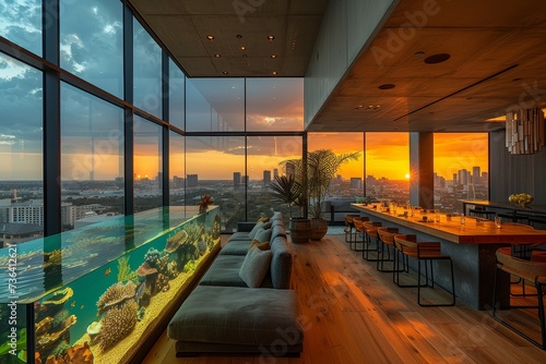 A modern interior design masterpiece with a stunning city view  featuring sleek furniture and a mesmerizing aquarium that brings the sky and buildings to life within the room s open space
