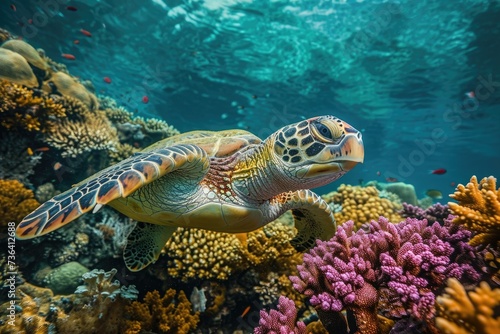 Turtle Swimming Above Colorful Coral Reef in Clear Blue Waters, An underwater snapshot of a playful sea turtle amidst a spread of colorful coral reef, AI Generated