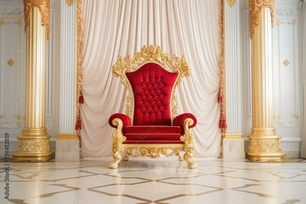 Throne Room with Gold royal chair, Classic interior with red armchair and golden curtains. 3d render, Ai generated