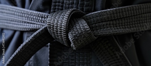 Black belt knot in taekwondo martial sport uniform.
