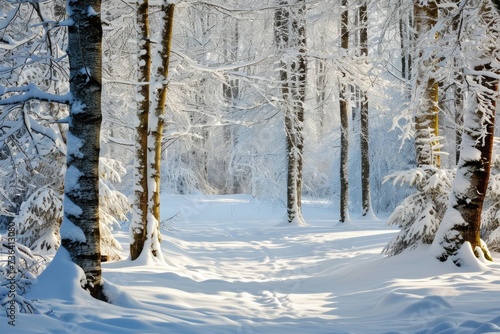 A picturesque winter scene of a forest covered in thick snow  featuring numerous trees  An untouched blanket of snow covering a serene forest  AI Generated