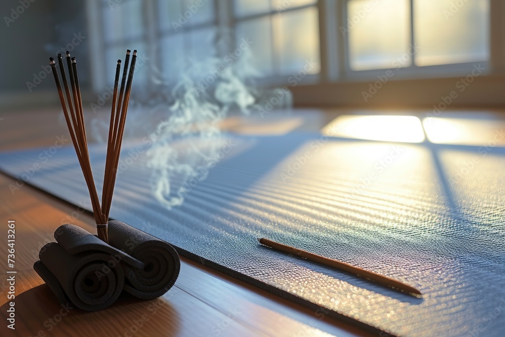 Two wooden sticks neatly placed on top of a sturdy wooden table, An up-close shot of a yoga mat and peaceful incense, AI Generated Two wooden sticks neatly placed on top of a sturdy wooden table, An up-close shot of a yoga mat and peaceful incense, AI Generated