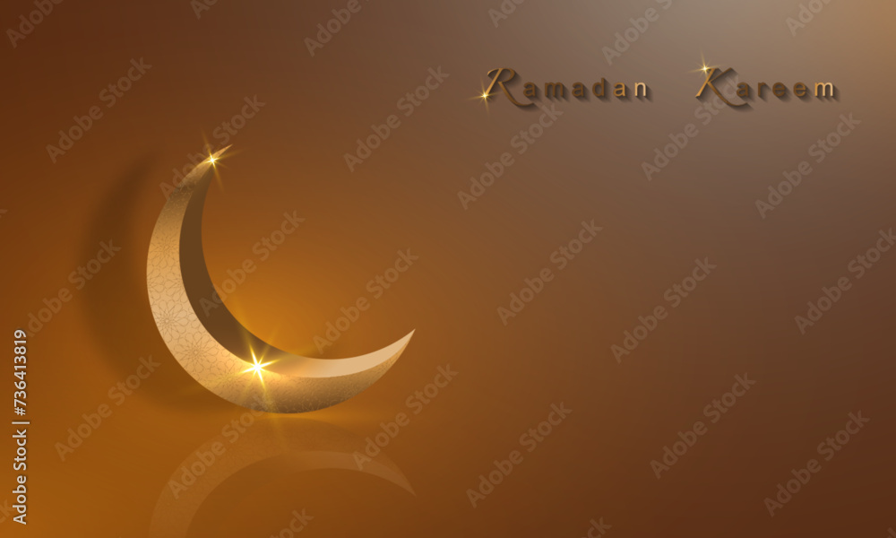 Obraz premium Ramadan Kareem banner, 3D gold crescent moon, holiday greeting traditional islamic. Arabic design for product showcase, presentation, cosmetic, base, ramadan sales, copy space on beige background
