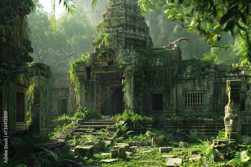 The remnants of a once majestic Mayan temple  now taken over by nature  stand tall in the dense jungle  Ancient ruins overtaken by a jungle  AI Generated