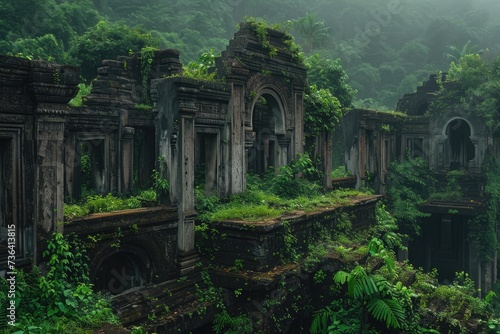 The image displays the decaying remains of a brick building amidst lush vegetation in a dense jungle setting  Ancient ruins overtaken by a jungle  AI Generated