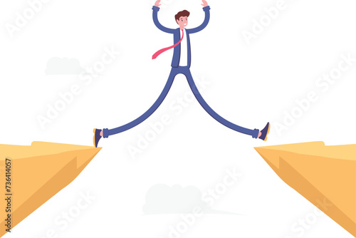 Businessman with long legs with money cross the cliff, vector illustration cartoon

