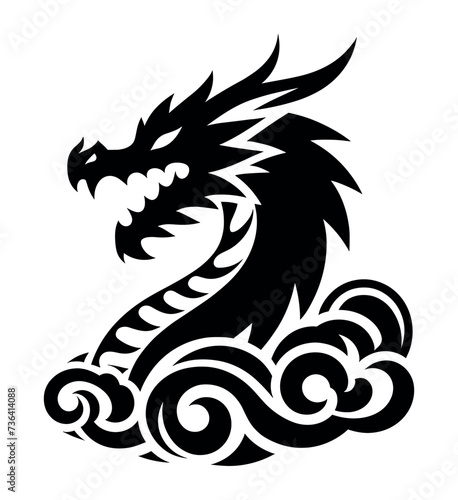 Traditional Chinese Dragon head vector illustration logo and tattoo template silhouette outline graphic isolated on dark background.