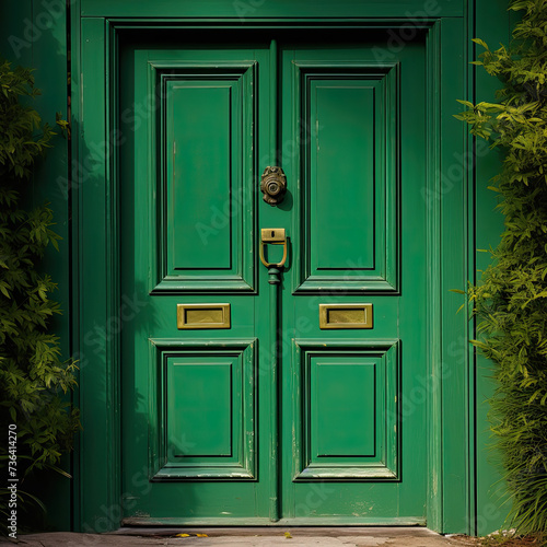 Green entry door with door knock