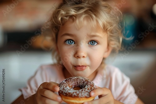 A young boy with a delighted expression indulges in a decadent chocolate donut, satisfying his sweet tooth and creating a heartwarming moment photo