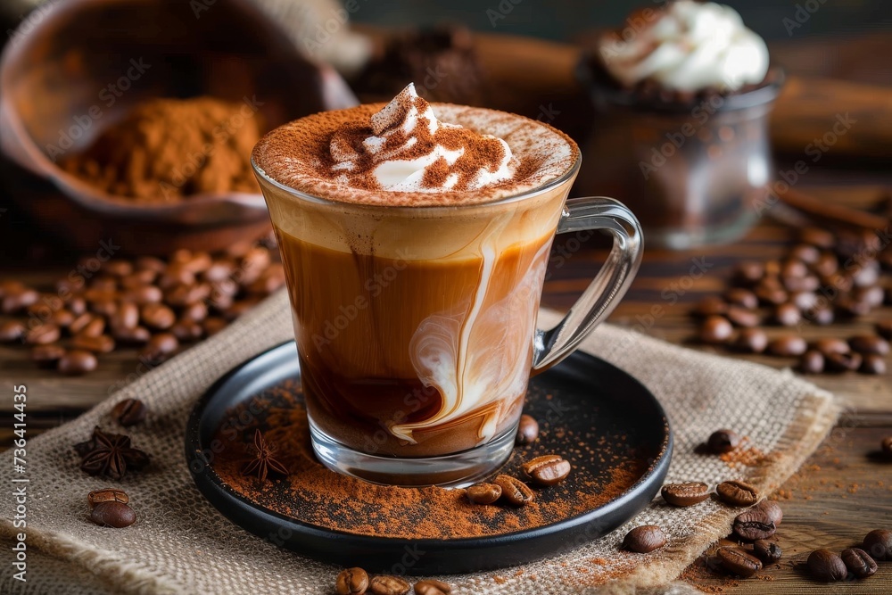 A steaming cup of coffee, topped with whipped cream and coffee beans, sits on a saucer, inviting you to indulge in the rich flavors and comforting warmth of this beloved beverage A steaming cup of coffee, topped with whipped cream and coffee beans, sits on a saucer, inviting you to indulge in the rich flavors and comforting warmth of this beloved beverage
