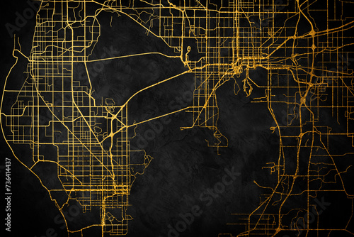 Golden vector city map of Tampa, Florida, United States of America on a black abstract background.