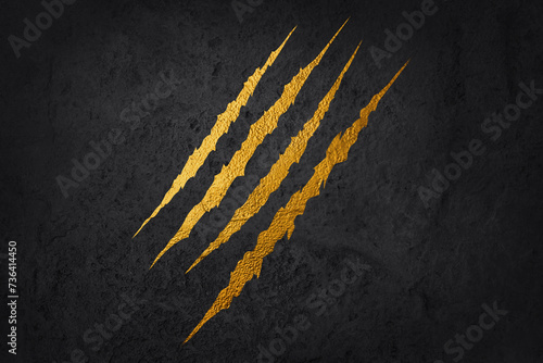 Fototapet Gold scratch symbol of a big predator on a black abstract background