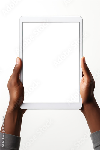 Business presentation with a tablet featuring a transparent screen held by hands