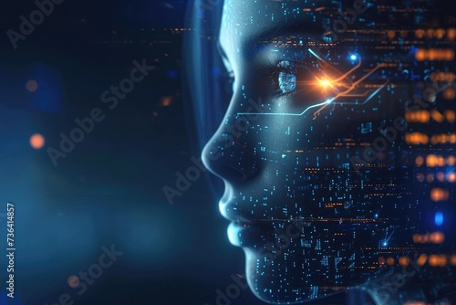Womans Face in Front of Futuristic Background, Artificial Intelligence battling rogue codes, AI Generated