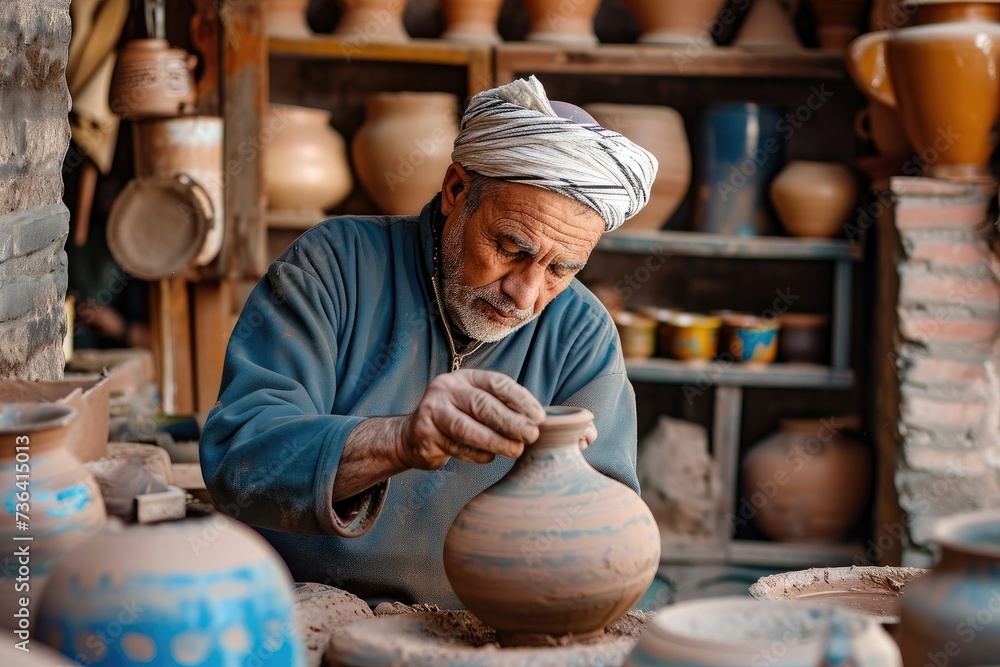 A man skillfully molds and shapes clay into a vase on a pottery wheel, Artisan crafting traditional pottery in a Moroccan souk, AI Generated A man skillfully molds and shapes clay into a vase on a pottery wheel, Artisan crafting traditional pottery in a Moroccan souk, AI Generated