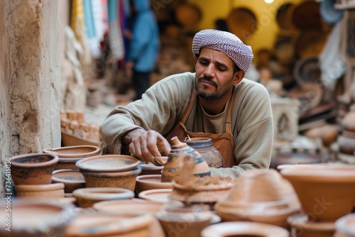 A man skilled in pottery crafts clay pots on a table, shaping and molding them with his hands, Artisan crafting traditional pottery in a Moroccan souk, AI Generated